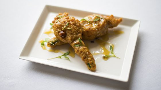 A crispy stuffed courgette flower from Tapas 37