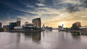 north England town skyline with river