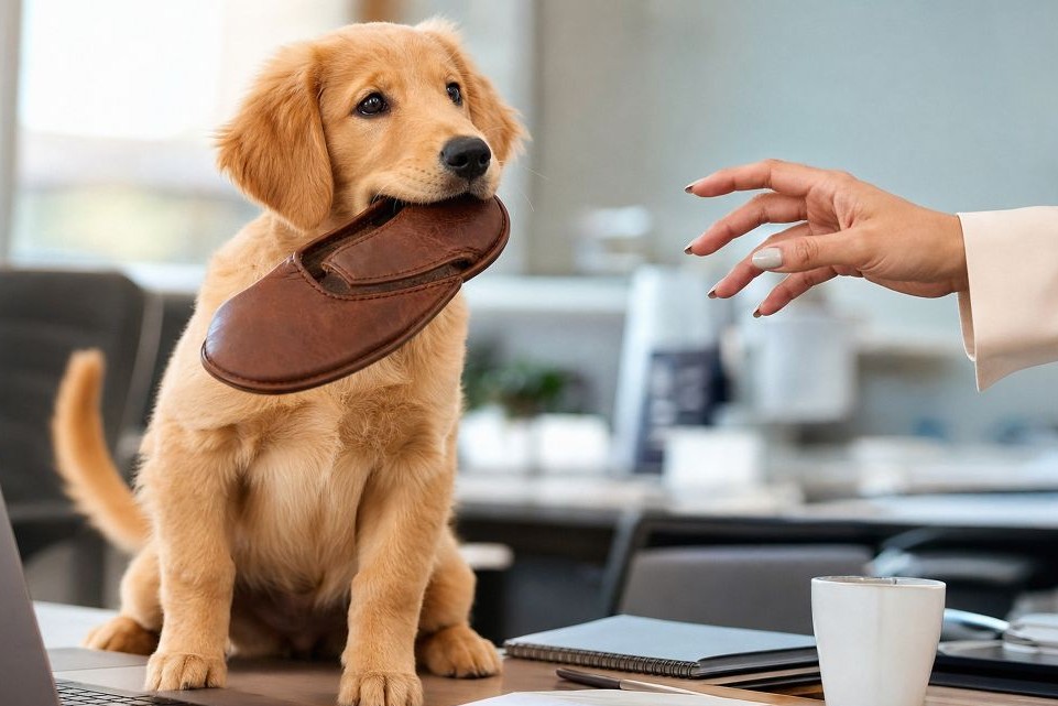 dog with a slipper in his mouth